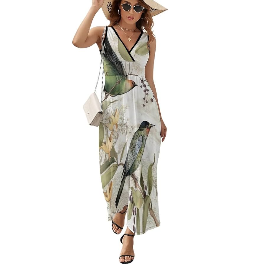 Amazon.co.jp: ワンピース 鳥柄 オウム柄 ノースリーブ ロング